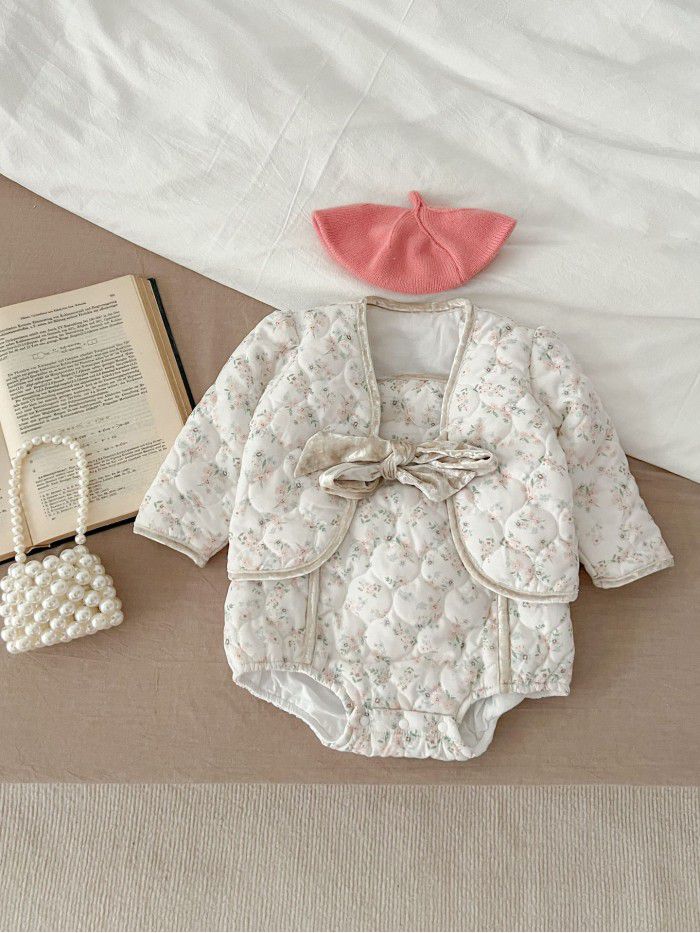 New Women's Treasure Bow Cotton Coat, Strap Wrap, Two Piece Infant Set 