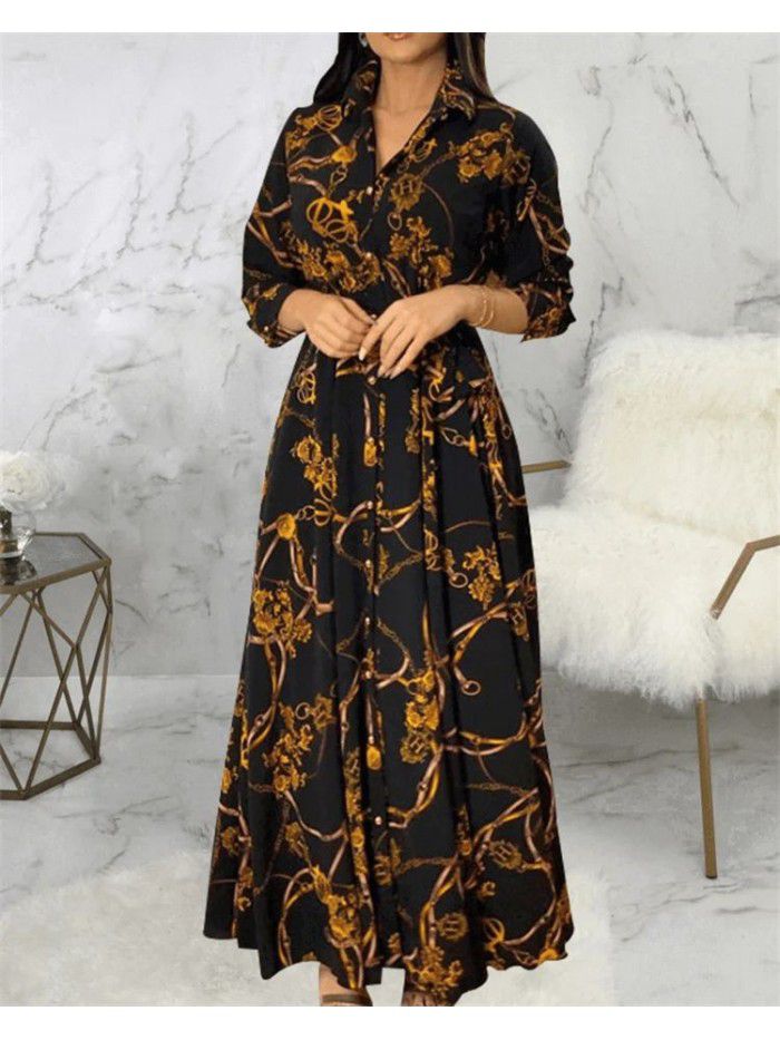 New retro floral print single breasted belt long dress 