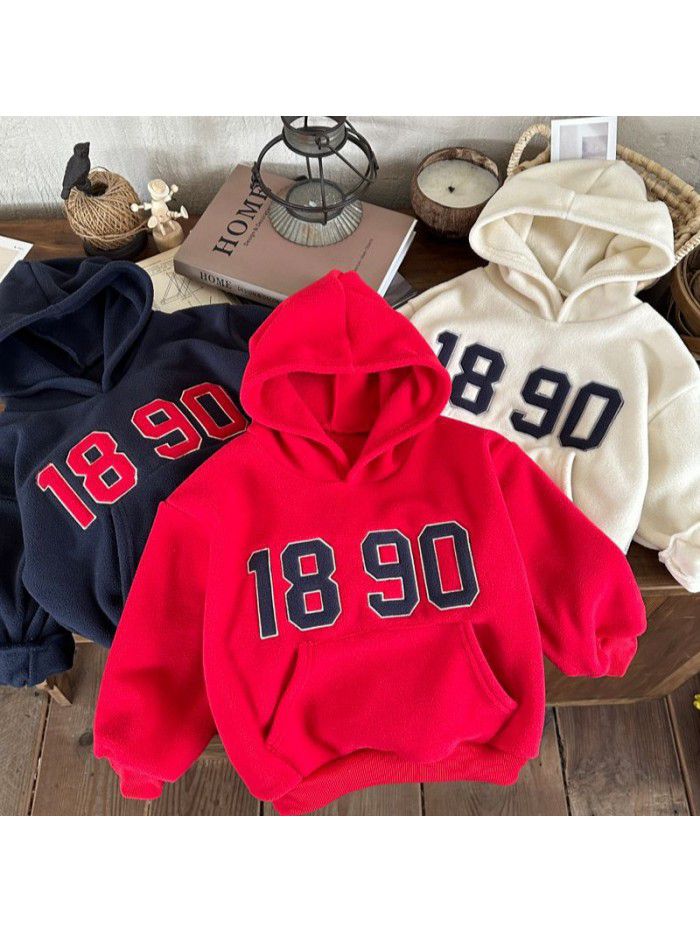 Autumn and winter plush children's hoodie casual and westernized Korean version sports long sleeved sweater paired with children's top 