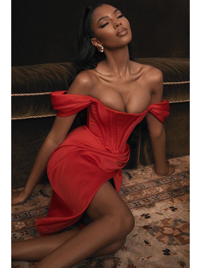 Solid color fishbone suspender sexy slit dress for women 