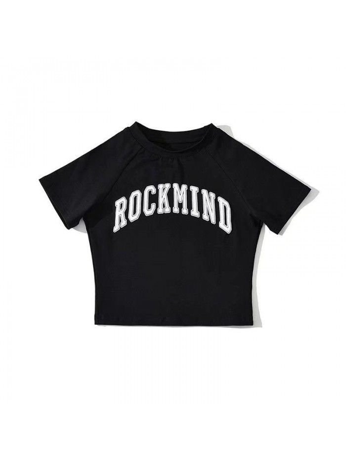 3D letter embroidery short sleeved t-shirt women's round neck short summer new design feeling slim fitting spicy girl exposed navel top 