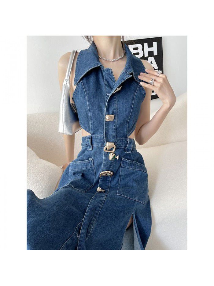 Denim Blue Hollow Open Waist Dress Women's Spring/Summer Slim Fit Side Waist High Split Style Dress  Denim Blue Hollow Open Waist Dress Women's Spring/Summer Slim Fit Side Waist High Split Style Dress