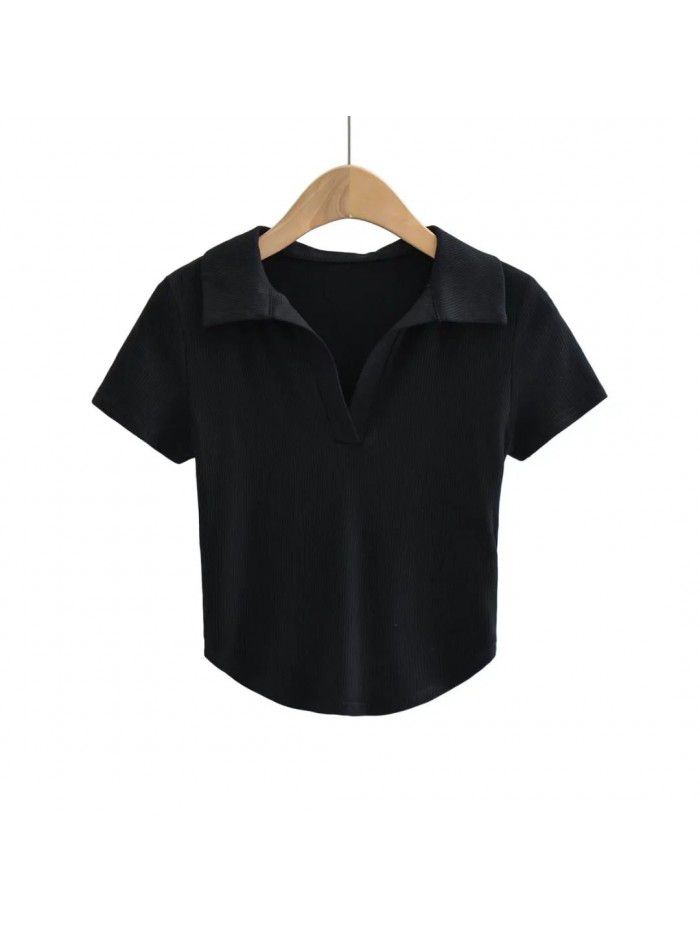 Summer New Pure Lust Style Slim Fit Short Polo Collar Solid Short Sleeve T-shirt Women 