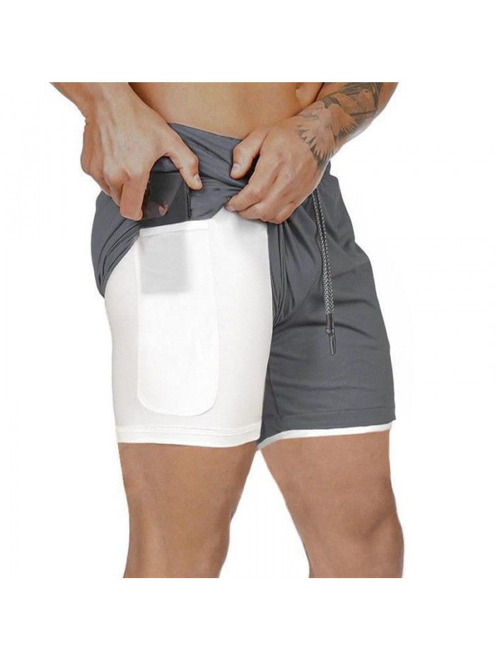 Men's double layer shorts, solid mesh sports and fitness training pants, five point casual pants, men's pants 