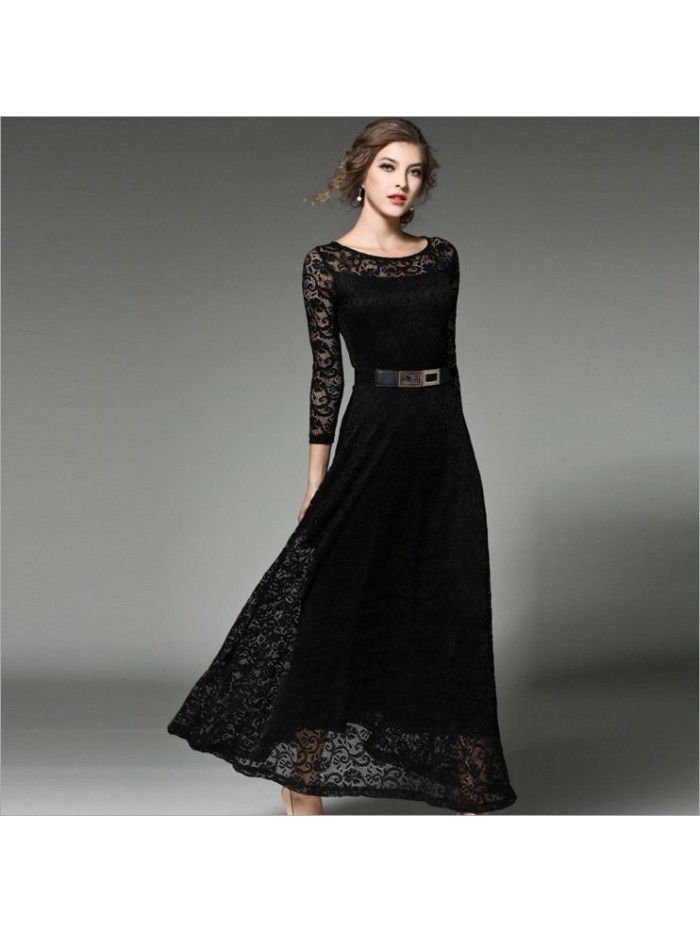 Autumn New Women's Dress Long Sleeve Slim Fit Solid Color Hooked Flower Hollow Lace Dress 