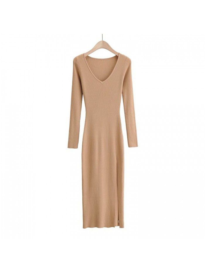 Dress Autumn and Winter Style Temperament Slim Fit V-neck Over Knee Long Dress Sexy Side Split Knitted Dress  Dress Autumn and Winter Style Temperament Slim Fit V-neck Over Knee Long Dress Sexy Side Split Knitted Dress