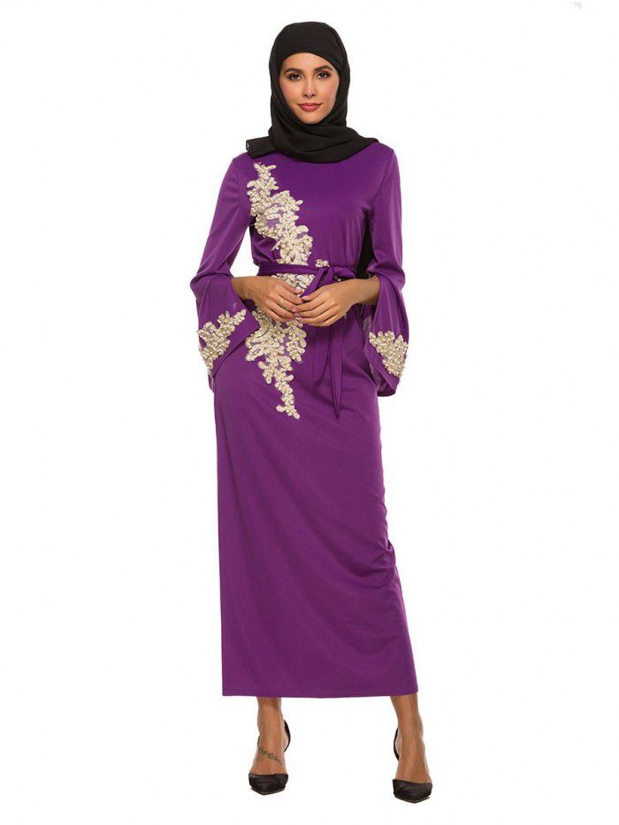 New Style Elegant Embroidery Long Dress Lace Beaded Flare Sleeve Lace Long Dress 