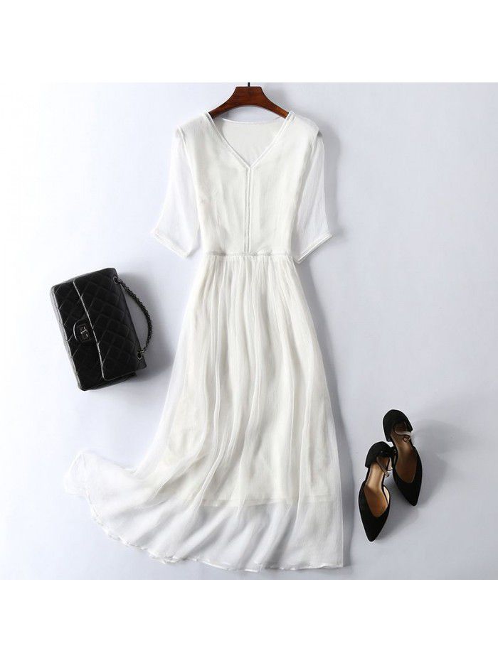 Silk Dress Women's Summer New 3/4 Sleeves Slim and Long A-line 