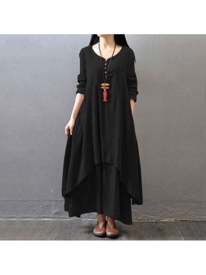 Spring and autumn holiday two-piece long skirt, artistic large linen dress, loose long-sleeved cotton and linen skirt 