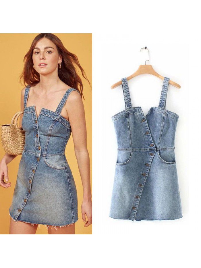Spring/Summer Wrapped Chest Diagonal Button Denim Skirt Slim Fit Slim Slim Slim Slim Strap Dress Trendy Denim Skirt 
