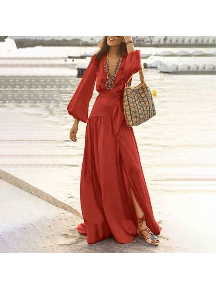 New Women's Bohemian Style Flare Sleeves Split Swing Dress 