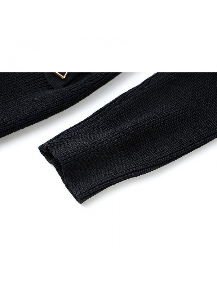 French Vintage Dress Early Autumn Metal Button Art Light Luxury Chain Decoration Wrap Hip Skirt Elastic Knit Skirt 