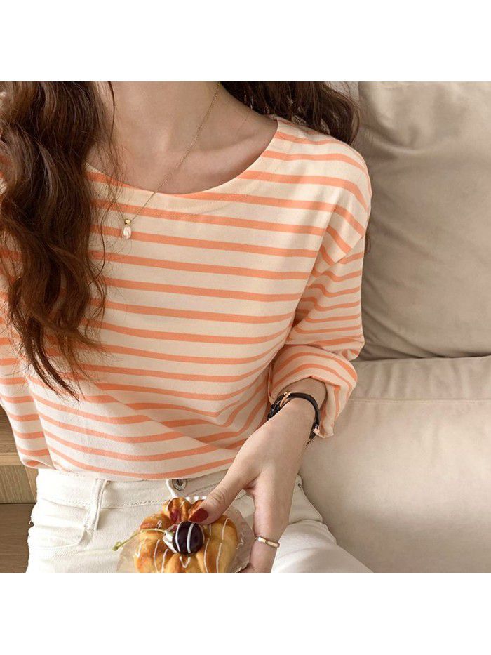 Long-sleeved striped t-shirt women's cotton loose autumn new style Korean T-shirt bottom coat women 