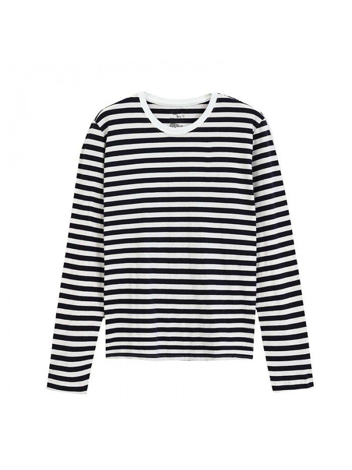 Long sleeved T-shirt Women's pure cotton striped T-shirt Indian cotton T-shirt Tianzhu woven round neck T-shirt 