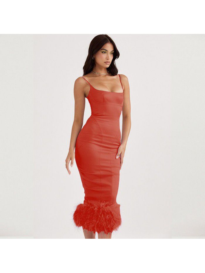 Fashionable high-end women's clothing in Europe and America, sexy bag buttocks, suspender dress, ostrich hair dress, high-end temperament dress 