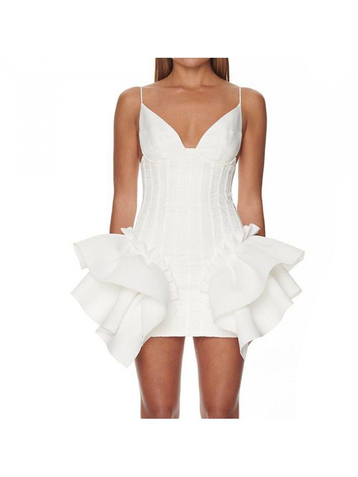 Women's suspender V-neck ruffled edge, European and American sexy leaky back party, mini buttocks dress wholesale and retail 