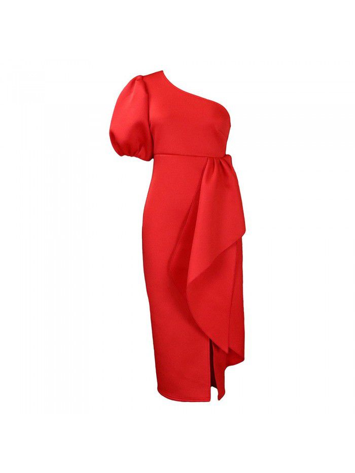 Oblique Neck Split Ruffle Edge Dress Sexy Dress