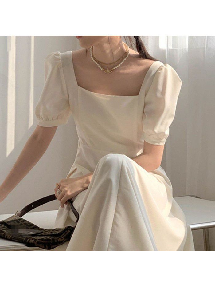 Black Dress Women's Summer New French Vintage Style Square Neck Waist Long Small Black Dress 