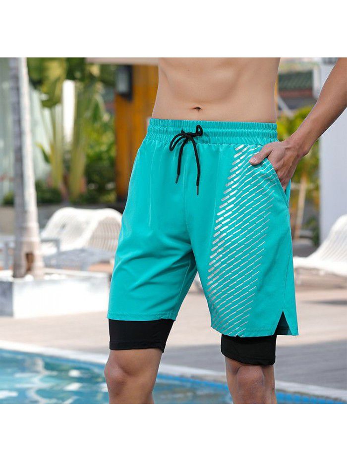 Fake Two Piece Double Layer Quick Drying Sports Shorts for Men's New Printed Breathable Split Running Fitness Capris 