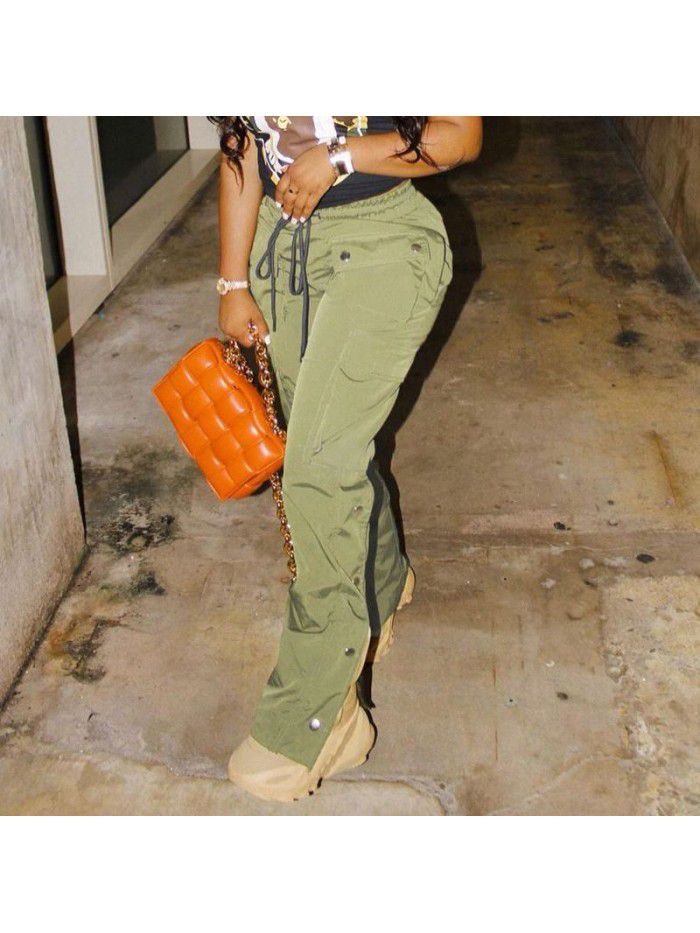 Summer Street Style High Waist Straight Barrel Drawstring Lace Up Buckle Casual Pants 