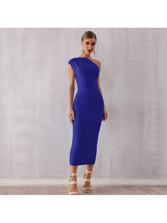 Fashionable and Elegant Women's One Shoulder Bandage Dress Sexy Sleeveless Tight Sky Blue Evening Dress  Fashionable and Elegant Women's One Shoulder Bandage Dress Sexy Sleeveless Tight Sky Blue Evening Dress