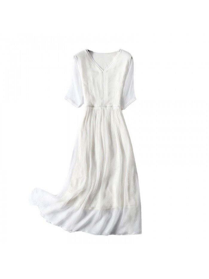 Summer New Women's Commuter Elegant Temperament White Silk Dress 