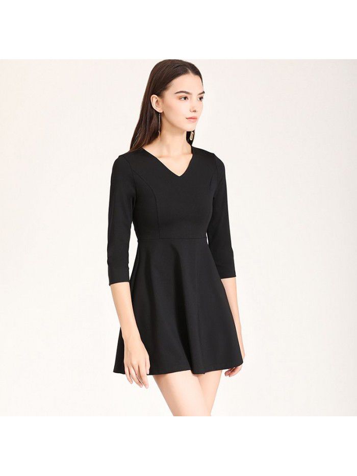 Professional Little Black Dress Autumn Dress New Elegant Slim Fit V-neck 7/4 Sleeve A-line Bottom Dress Work Uniform 