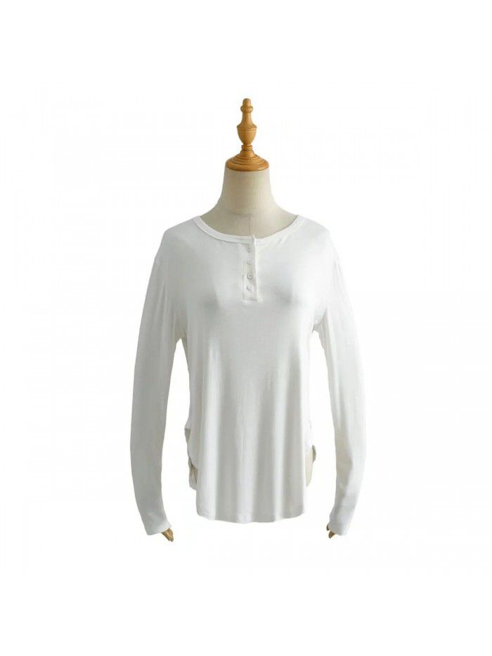 Spring and Summer New Women's Curved Bottom Access Control Three Button Round Neck Long Sleeve Loose Casual Long T-shirt Top 