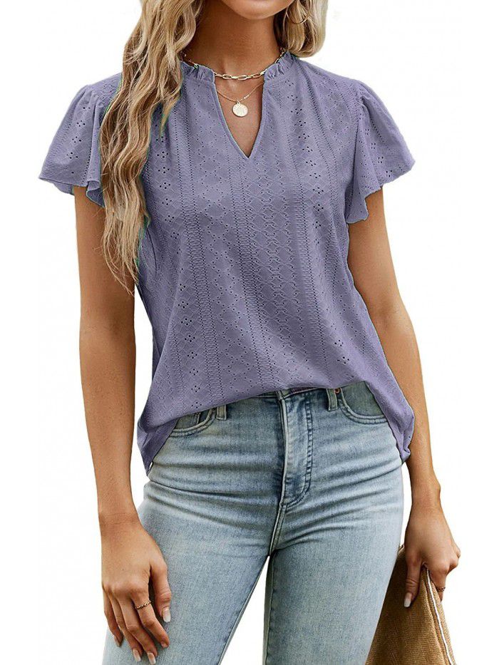 Spring/Summer Loose Solid V-Neck Ruffle Sleeve Jacquard T-shirt Women's Top 