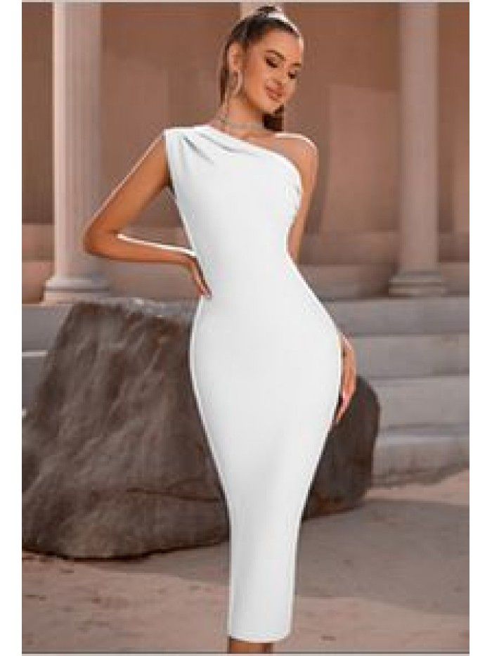 Fashionable and Elegant Women's One Shoulder Bandage Dress Sexy Sleeveless Tight Sky Blue Evening Dress  Fashionable and Elegant Women's One Shoulder Bandage Dress Sexy Sleeveless Tight Sky Blue Evening Dress