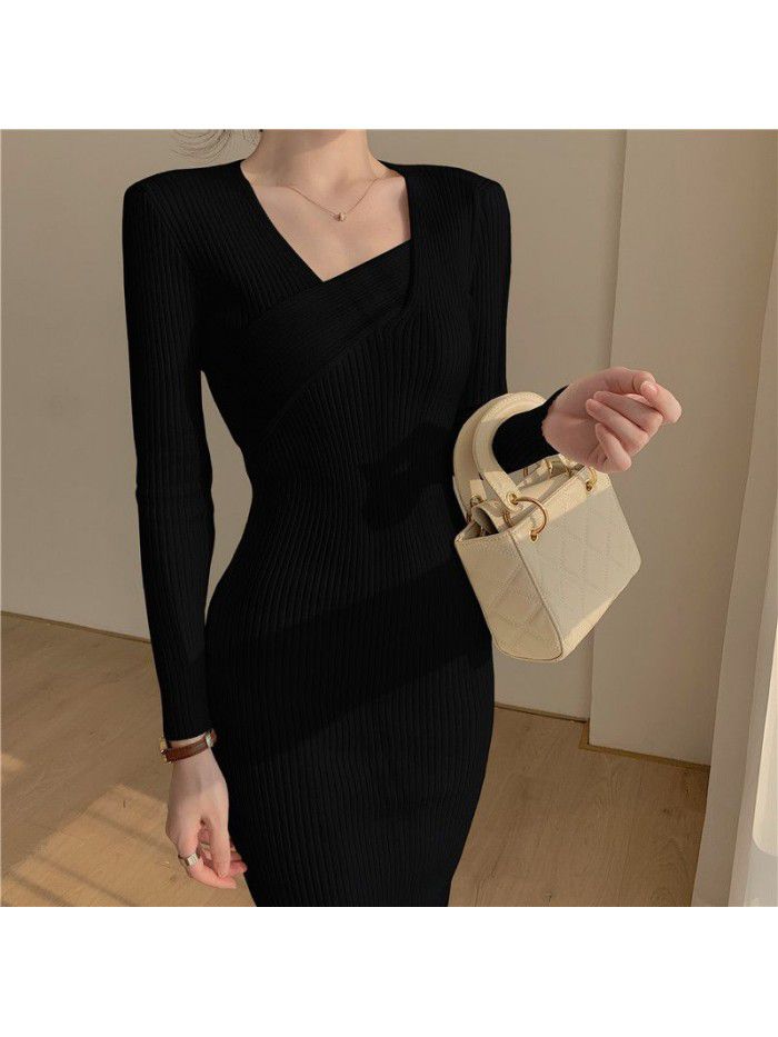 Autumn and Winter Cored Yarn Knitted Long Sleeve Dress V-neck Slim Fit Black Mid length Split Wrap Hip Skirt 