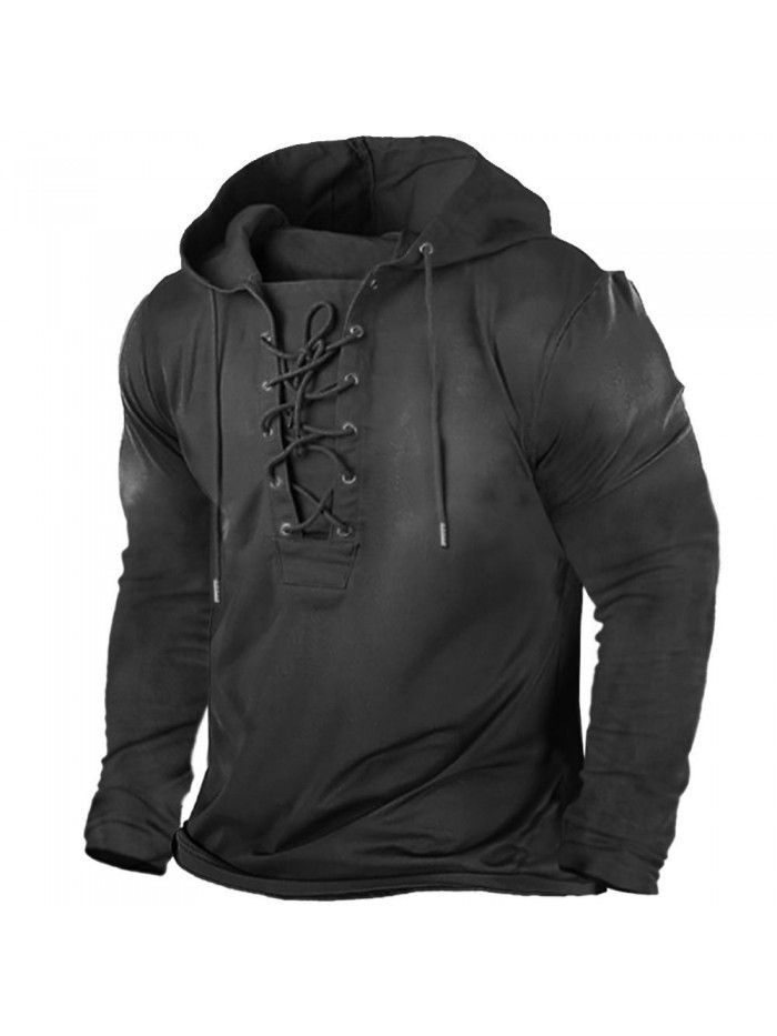 Men's Outdoor Vintage Lace Up Hooded Long Sleeve T-shirt Autumn Solid Casual Top 