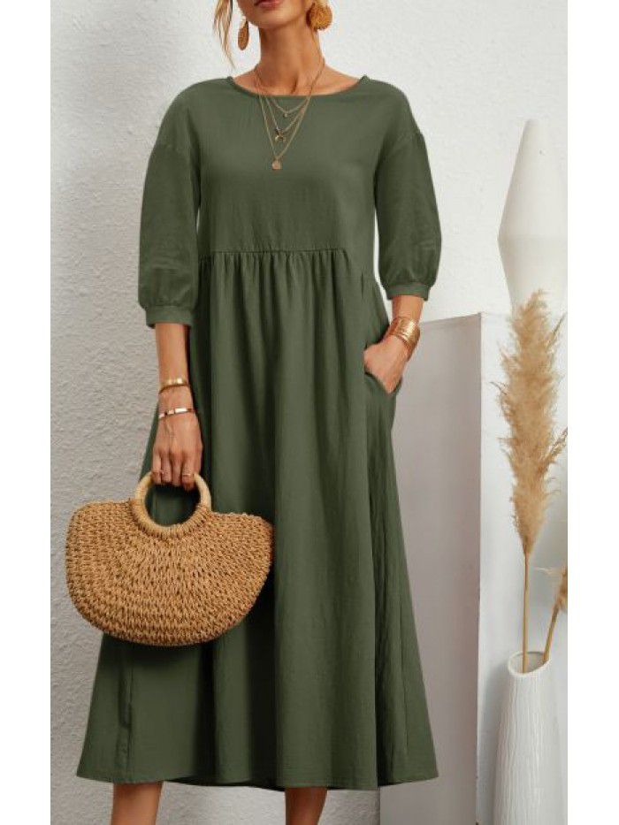 New Women's Solid Color Fashion Lantern Sleeves Loose Cotton Linen Pocket Dress 