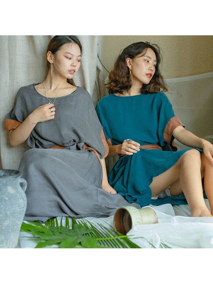 Spring and Summer Women's New Copper Spandex Contrast Loose Pullover Waistband Dress 
