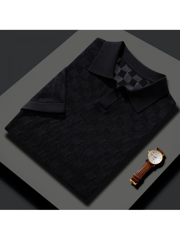 Summer thin mulberry silk thread hollow white Polo shirt Men's ice silk short sleeved business casual polo shirt 