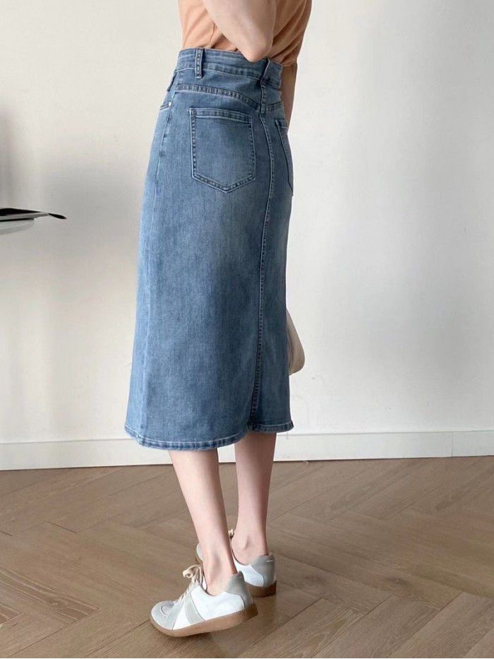 Summer New Front Split Elastic Halfskirt High Waist Slim denim Midskirt for Women 