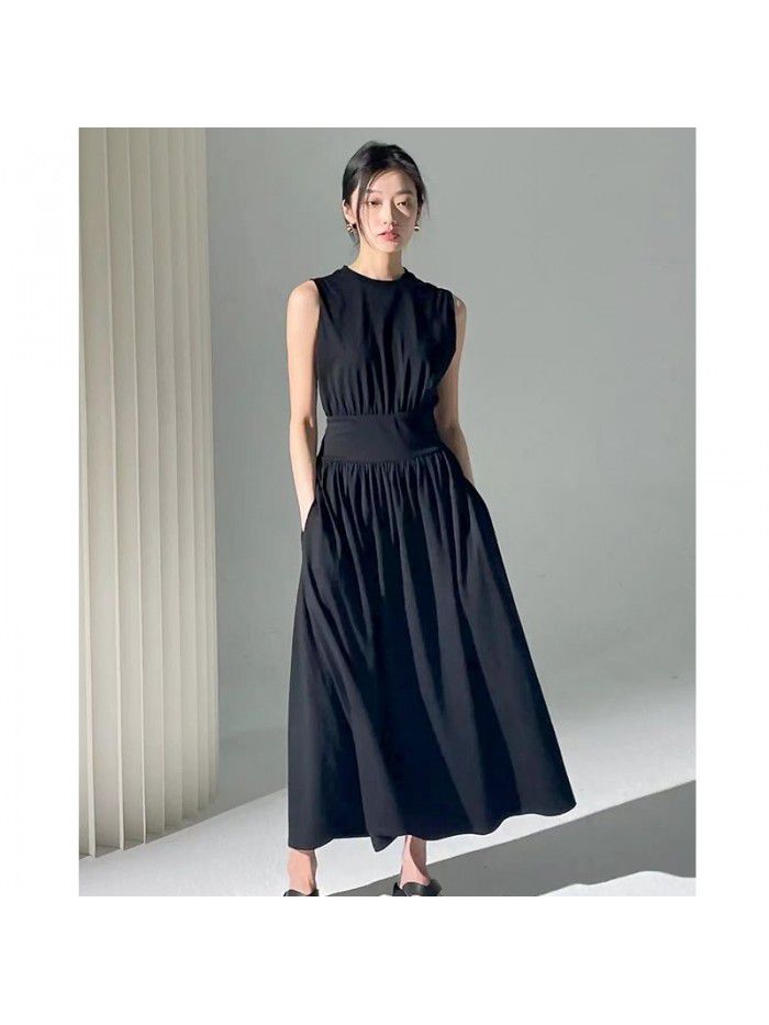 2023 Spring Casual Cotton Two Tone Waist A Line Flare Hem Mid length Sleeveless Women's Dress 