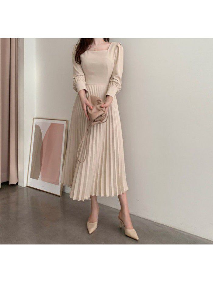 Spring and Autumn Korean Version New Style Temperament Ladies Waist Waist Slim Square Neck Pullover 100 Pleated Long Dress 