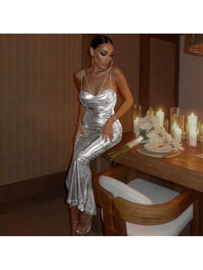 Spring Women's New Sexy Open Back Strap Long Dress Pleated Style Dress for Women 