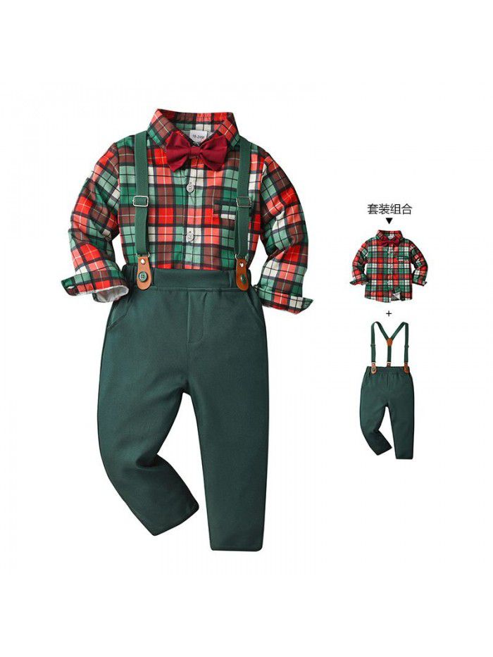 Spring and Autumn Three Piece Children's Set Baby Clothing Strap Pants Gentleman Dress Boys' Autumn Dress 