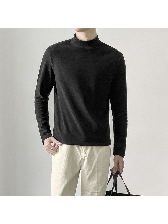 Autumn and Winter New Men's German Velvet Half High Neck Light Mature Style Long Sleeve T-shirt Men's Solid Round Neck Large Casual Bottom Shirt 