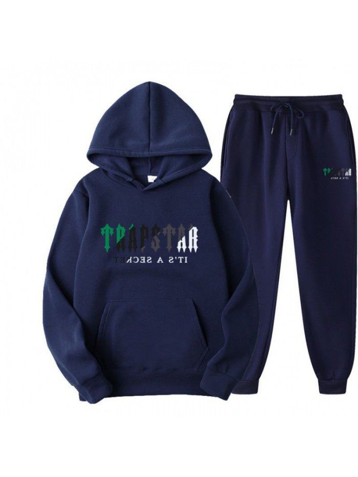 New men's hoodie set for spring, autumn, and winter, plush sweater, casual sports two-piece set 