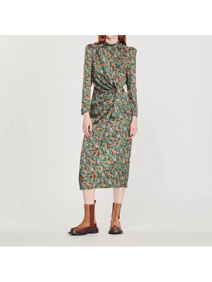 French S romantic daisy print autumn new women's dress design sense waist style dress 