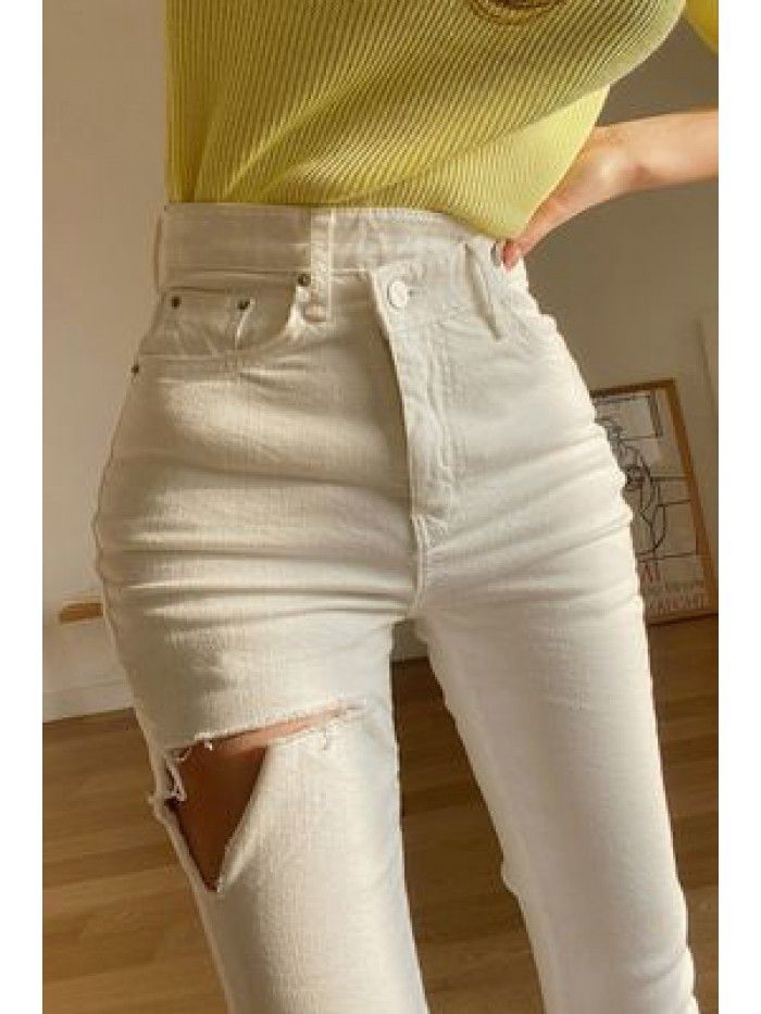 Korean High Waist White Jeans Women's Autumn/Winter Slim Fit and Slim French Split Straight Crop Pants with Broken Burr Edges 
