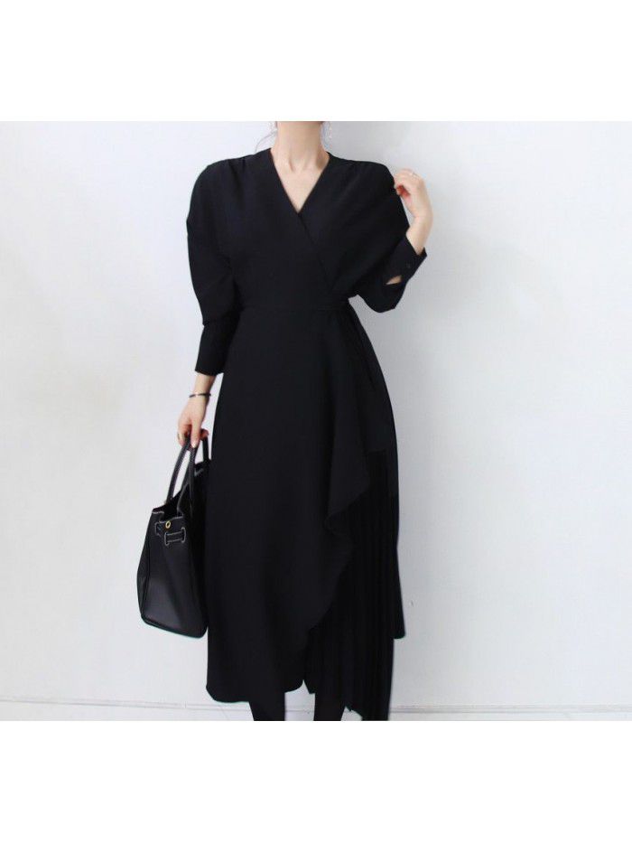Vintage dress Long French Hepburn chiffon pleated shirt skirt Irregular V-neck long skirt Korean skirt 