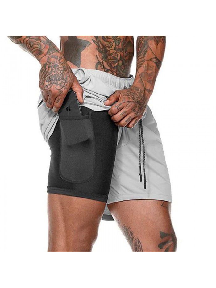 Men's double layer shorts, solid mesh sports and fitness training pants, five point casual pants, men's pants 