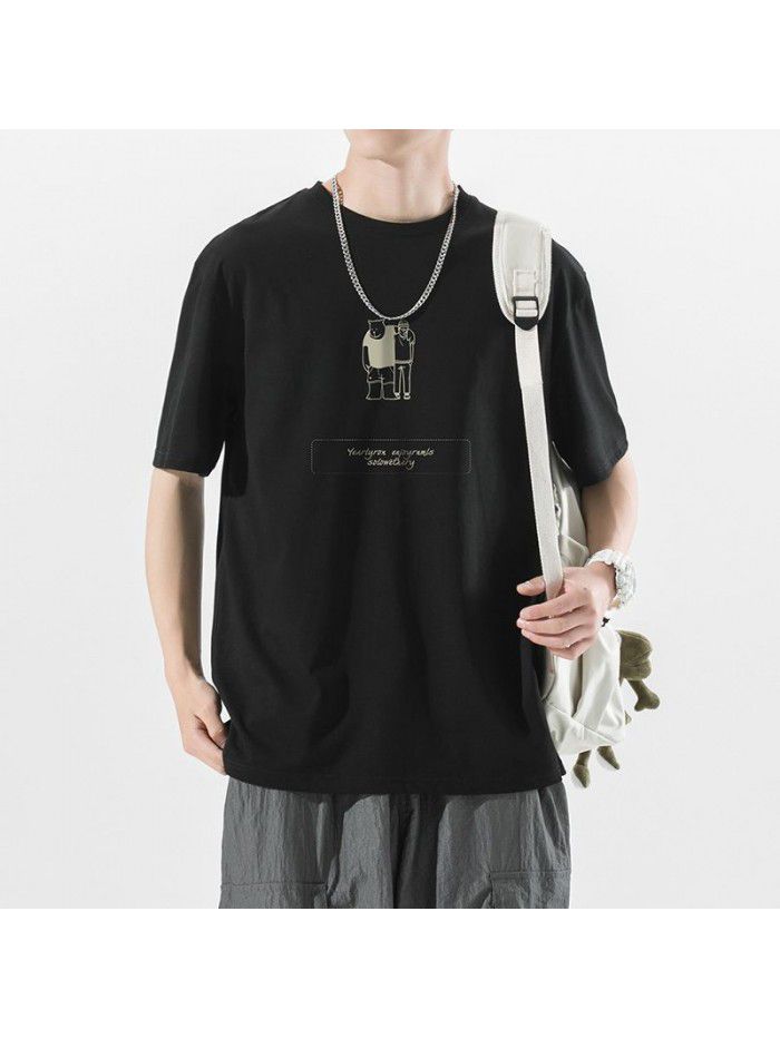 Cotton short sleeved T-shirt for men's summer new trend ins printed T-shirt for couples loose fitting casual versatile top 