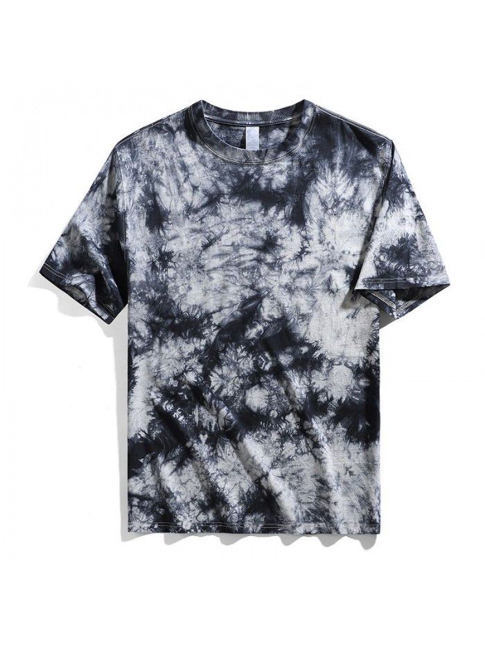 Men's tie dyed t-shirt, shoulder length, pure cotton loose short sleeved men's heavy duty t-shirt, round neck, trendy brand top
