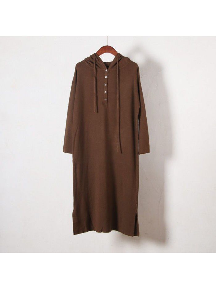 Hooded sweater knitted dress women's thickened autumn and winter casual medium length sweater long skirt over the knee 