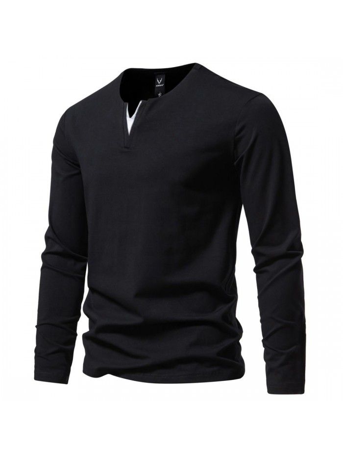 Autumn New Men's Fashion Henley T-shirt V-neck Long Sleeve T-shirt Casual Solid Underlay 